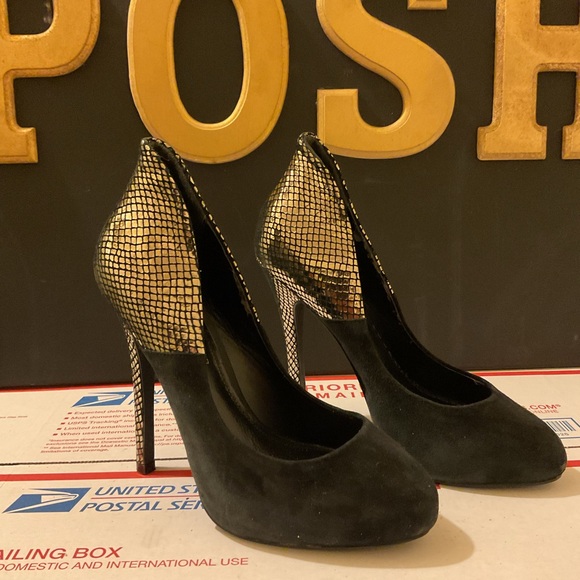 Aldo Shoes - Aldo Black Suede Pumps with Gold Snake-Print Heel